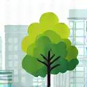 Icona di un profilo di città con un albero, per spazi verdi urbani.